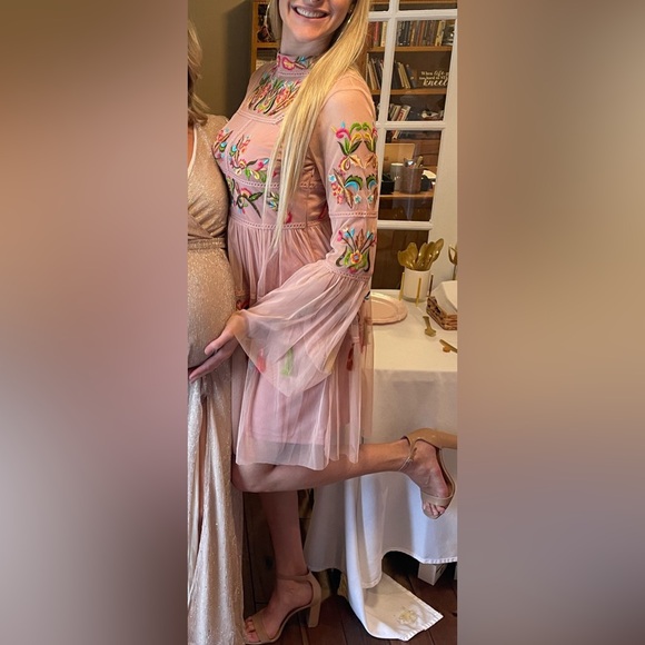 Frock And Frill Tall Folk Embroidered Tassel Skater Dress - Nude / US 6 - Picture 3 of 5